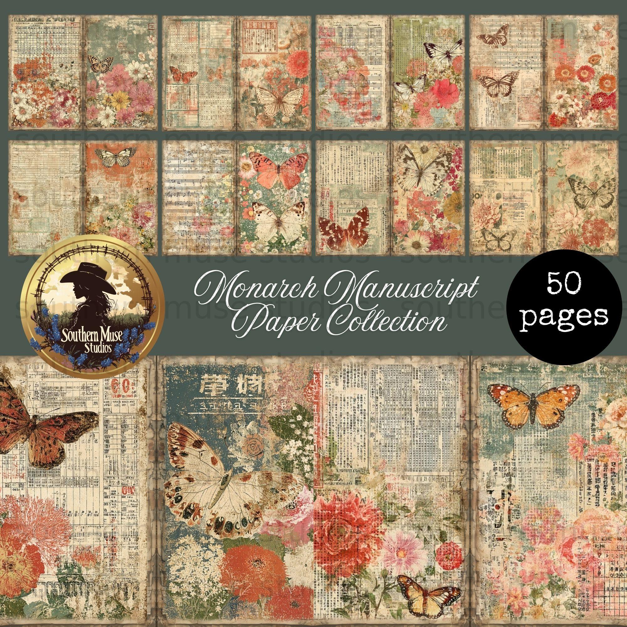 Monarch Butterfly Vintage Junk Journal Digital Paper, Aged Botanical ...