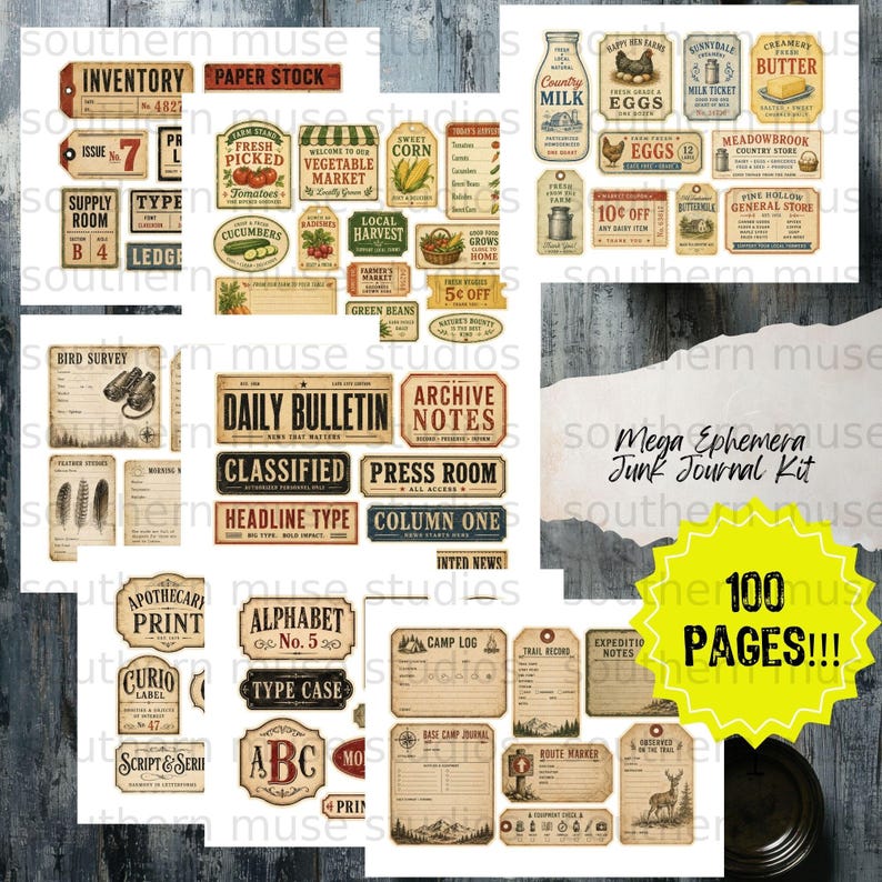 Collage of vintage-style paper ephemera for junk journaling and scrapbooking.