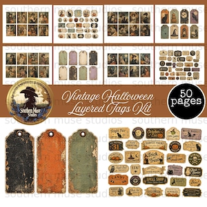 May include: A collection of vintage Halloween-themed layered tags. The tags feature distressed textures and illustrations of witches, pumpkins, and spooky scenes. The text "Vintage Halloween Layered Tags Kit" is displayed, along with the "Southern Muse Studios" logo and "50 pages".