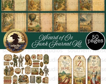 Wizard of Oz Journal Kit digitale kortstondige afdrukbare vintage plakboekpagina's Tags zakken etiketten collage kunst decor bundel, grungy, slecht