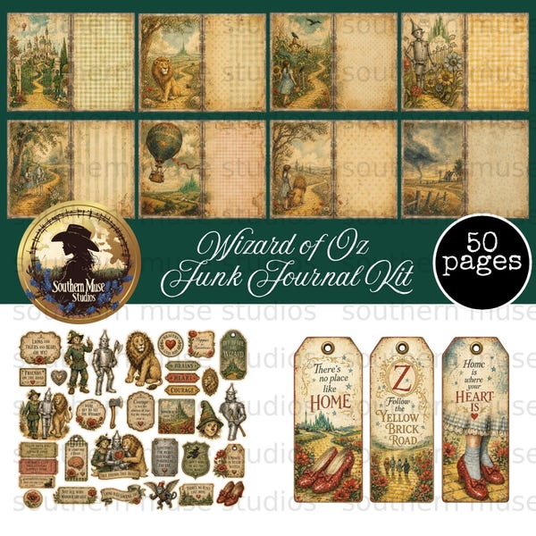 Wizard of Oz Journal Kit Digital Ephemera Printable Vintage Scrapbook Pages Tags Pockets Labels Collage Art Decor Bundle, Grungy, Wicked