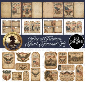 May include: A digital junk journal kit featuring 50 pages of vintage-style patriotic ephemera. The collection includes aged paper backgrounds, decorative tags, and labels with American flag motifs, bald eagles, and text like Voice of Freedom.