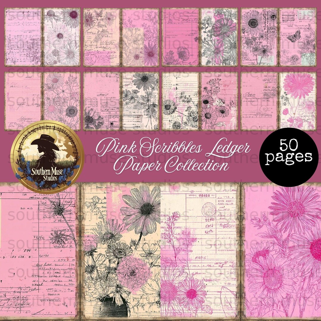 Pink Ledger Junk Journal Digital Papers, 50 Vintage Floral Botanical ...