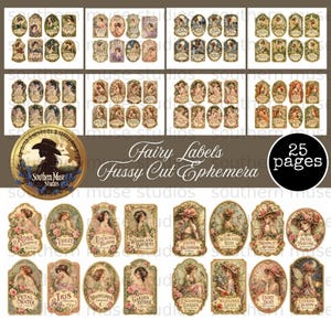 May include: A collection of 25 pages of printable fairy labels and fussy cut ephemera featuring vintage-style illustrations of fairies surrounded by flowers. The labels are oval and rectangular with ornate borders and text including Fairy Blossom.