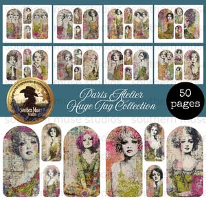 May include: A collection of vintage-style tags featuring portraits of women in various poses and styles. The tags have a distressed, artistic look with a color palette of pinks, greens, and creams. The text "Paris Atelier Huge Tag Collection" is also visible.