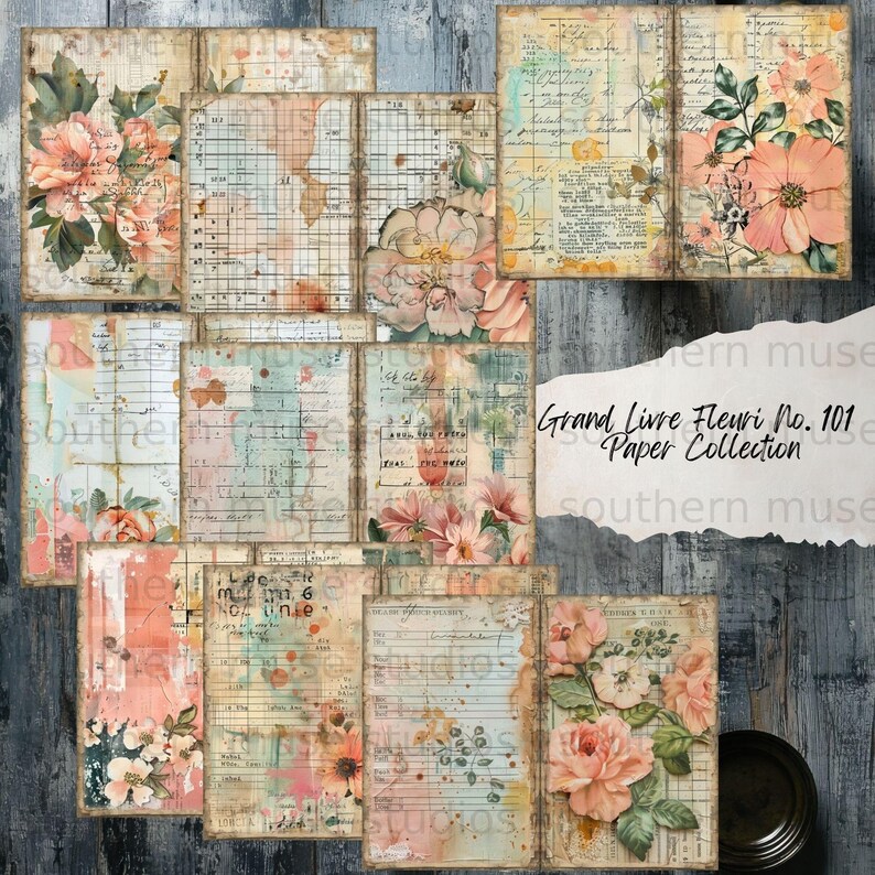 Vintage Floral Junk Journal Digital Paper Kit, Shabby Chic Botanical ...