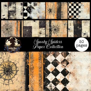 May include: A 50-page paper collection with a Halloween theme, featuring spiderwebs, spiders, and checkered patterns in black, orange, and cream. The designs have a distressed, vintage look. The text "Spooky Spiders Paper Collection" is visible.