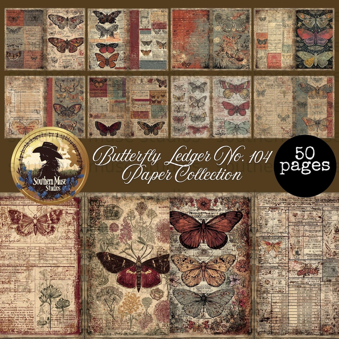50 Junk Journal Digital Papers, Vintage Butterfly Ledger Pages, Grungy ...