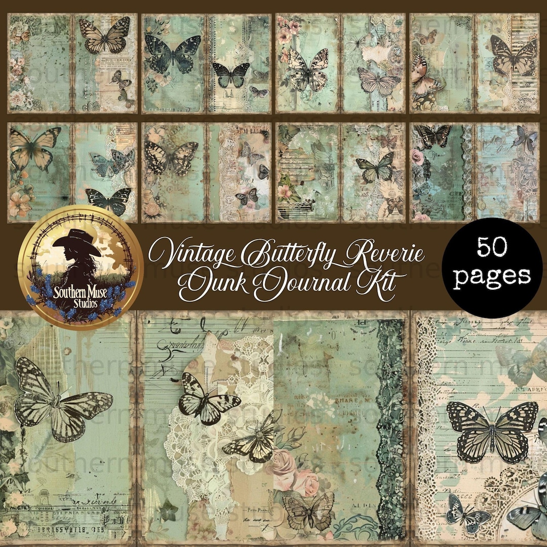 Vintage Butterfly Digital Papers, Reverie Junk Journal Kit, 50 Pages ...