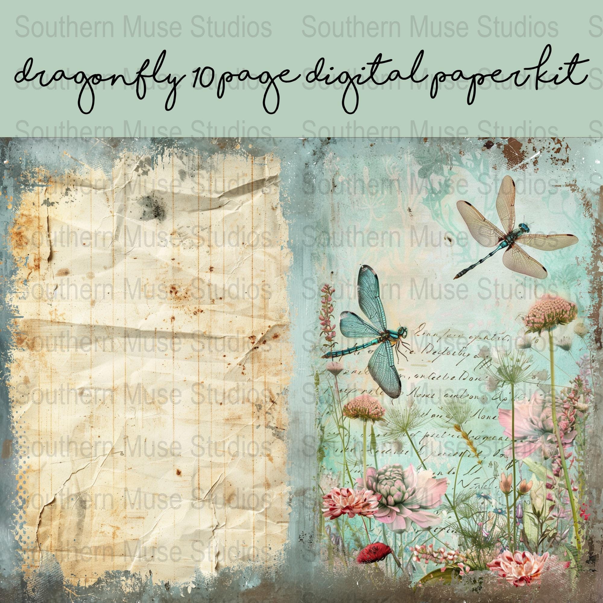 Dragonfly Junk Journal Kit, Printable Papers, Floral Ephemera, Digital ...