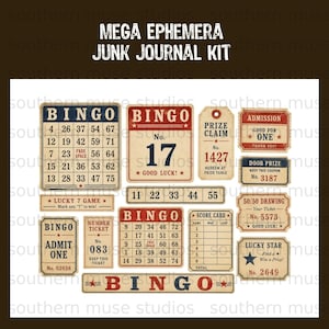 Ephemera junk journal kit with bingo, admission, and prize tickets.