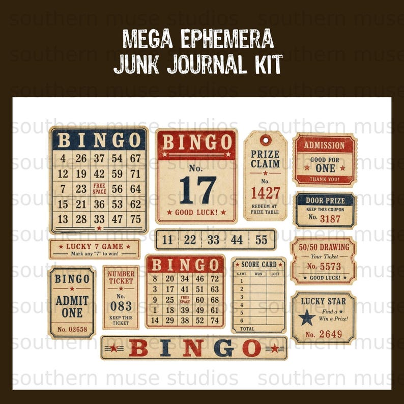 Ephemera junk journal kit with bingo, admission, and prize tickets.
