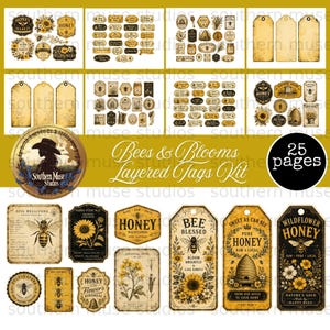 May include: A digital layered tags kit with a bee and wildflower theme. The kit includes various tag designs with illustrations of bees, sunflowers, honeycombs, and text such as "Honey" and "Wildflower Honey". The kit is labeled "Bees & Blooms Layered Tags Kit".