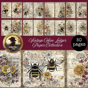 Pode incluir: Uma coleção de 50 páginas de papel de registro vintage com desenhos de abelhas e flores. As páginas apresentam ilustrações de abelhas, girassóis e outras flores, com um fundo sépia. O texto "Vintage Hive Ledger Paper Collection" também é visível.