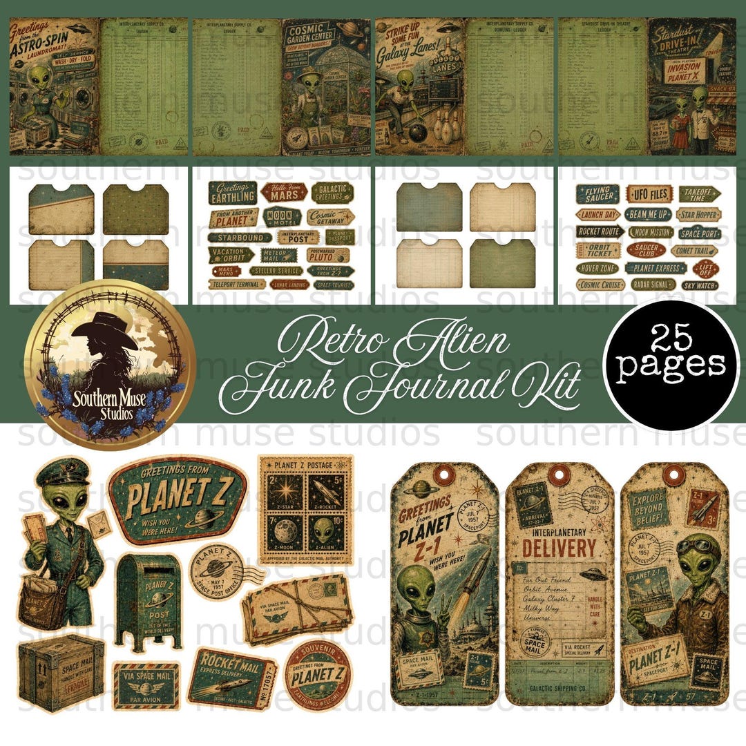 Retro Alien Junk Journal Kit, Vintage Space Ephemera Digital Printables ...