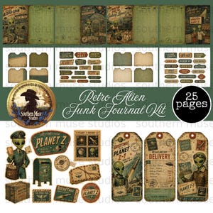 May include: A retro-themed junk journal kit with a vintage alien theme. The kit includes ephemera, tags, and journal pages with illustrations of aliens, planets, and space travel. The kit has 25 pages and features the text "Retro Alien Junk Journal Kit".
