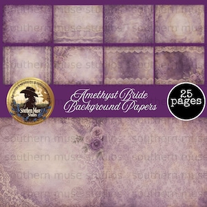 Kit digital de papeles de fondo para diario de recortes "Novia Amatista", 25 páginas imprimibles con encaje vintage y texturas florales, descarga instantánea.