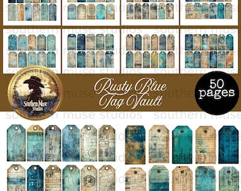 Etiquetas digitales Rusty Blue, kit de 50 artículos vintage, etiquetas grunge para diarios creativos, álbum de recortes imprimible con efecto envejecido, descarga instantánea en PDF.