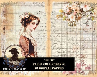 Beth Junk Journal Paper, Vintage Digital Paper, Ephemera Paper, Scrapbook Paper, Shabby Chic Printable, Floral Paper, Paper Collection