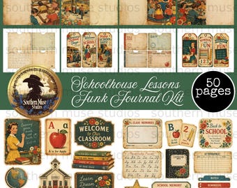 Vintage School Junk Journal Kit, 50 digitale kortstondige pagina's, retro schoolgebouw plakboek, leraar ambachtelijke planner levering, instant