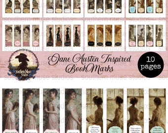 Könnte beinhalten: Eine Sammlung von Lesezeichen im Jane-Austen-Stil. Die Lesezeichen zeigen Vintage-Illustrationen von Frauen und Silhouetten mit Zitaten und Text. Die Farbpalette umfasst Sepiatöne, Rosa und Creme. Der Text "Jane Austen Inspired Book Marks" ist ebenfalls sichtbar.