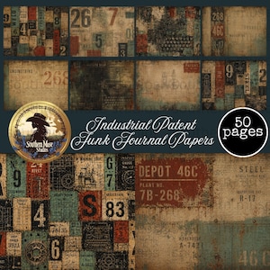 May include: A collage of vintage-style papers with industrial and patent themes. The papers feature numbers, text, and graphics in shades of brown, blue, and red. The text "Industrial Patent Junk Journal Papers" is displayed, along with "50 pages".