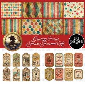 Puede incluir: Un kit de diario digital con temática de circo vintage. El kit incluye papeles estampados con lunares, rayas y patrones de diamantes, junto con etiquetas decorativas con imágenes de circo. El texto "Grungy Circus Junk Journal Kit" y "50 páginas" son visibles.