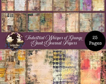 May include: A collection of 25 grunge-style junk journal papers. The papers feature a variety of textures, colors, and patterns, including aged paper, musical notes, and geometric designs. The text "Industrial Whisper of Grunge Junk Journal Papers" is visible.