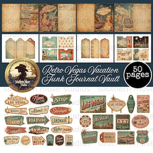 May include: A collection of vintage-style Las Vegas themed ephemera, including journal pages, tags, and signs. The design features retro illustrations, text, and a color palette of beige, teal, and red. The text includes "Retro Vegas Vacation Junk Journal Vault" and "50 pages".