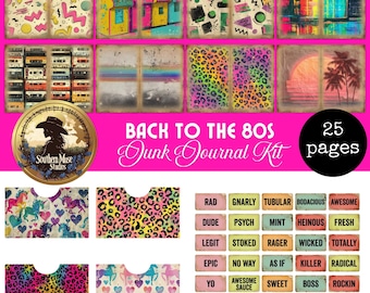 May include: A collection of 80s-themed junk journal kit pages. The kit includes various designs with arcade machines, cassette tapes, and leopard prints. The kit also includes a Southern Muse Studios logo and word art with phrases like "Rad" and "Awesome".