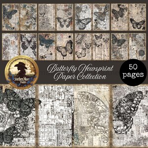Vintage Butterfly Newsprint Junk Journal Papers, 50 Grunge Scrapbooking Ephemera, Antique Floral Collage Sheets, Instant Download Digital