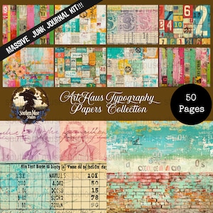 May include: A collection of 50 pages of vintage-style papers for junk journals. The papers feature a collage of textures, including numbers, stamps, and painted stripes in various colours. The kit includes the text "MASSIVE JUNK JOURNAL KIT!!!".