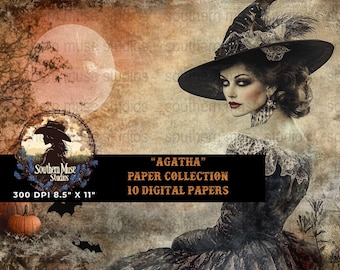 Agatha Witch Digital Paper, Gothic Halloween, Vintage Digital Paper, Dark Academia, Printable Scrapbook Paper, Agatha Paper Collection