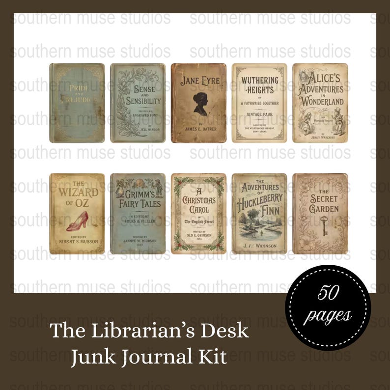 Vintage Book Cover Junk Journal Kit, Classic Novels Digital Download, Pride, Eyre, Wonderland, Fairy Tales, DIY Crafting, 50 Pages