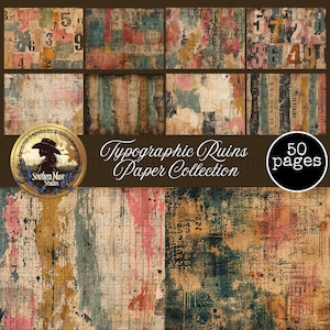 May include: A 50-page "Typographic Ruins Paper Collection" with a vintage aesthetic. The design features a collage of aged paper textures, numbers, and colourful paint splatters in shades of brown, teal, pink, and yellow.