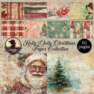 Peut inclure: Collection de papiers numériques "Holly Jolly Christmas" de 50 pages. L'image présente des motifs de Noël, dont le Père Noël, des sapins et des motifs vintage dans des tons rouges, verts et beiges.