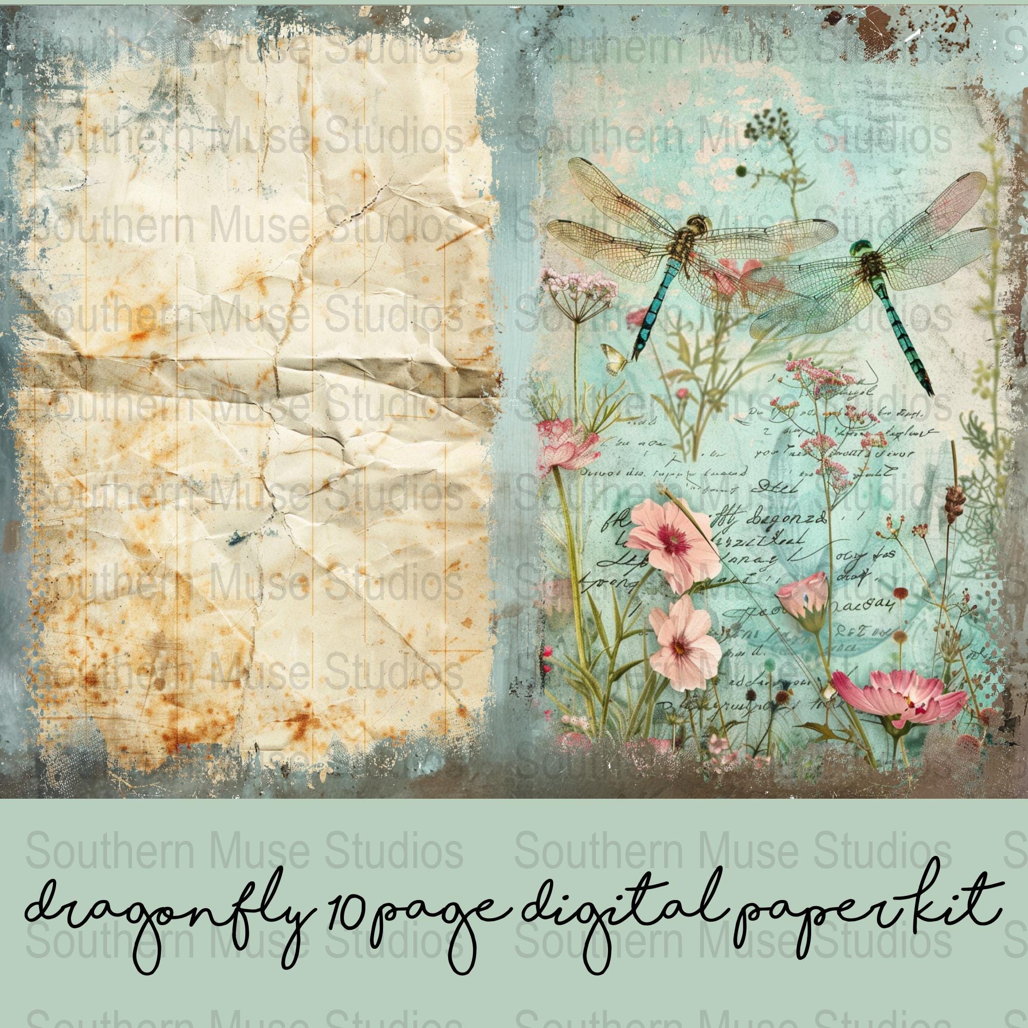 Dragonfly Junk Journal Kit, Printable Papers, Floral Ephemera, Digital ...