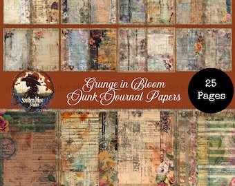 May include: A set of 25 "Grunge in Bloom" junk journal papers. The papers have a vintage style with floral and aged paper designs. The colour scheme includes browns, greens, and hints of purple and orange.