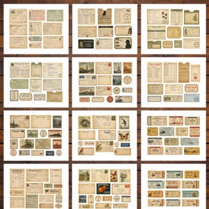 以下が含まれることがあります： 木製の表面に配置された、領収書、ポストカード、チケットなどのヴィンテージの逸品のコレクション。 古くなった紙の質感、切手、イラストが特徴で、ベージュ、茶色、色あせた緑色のカラーパレットです。