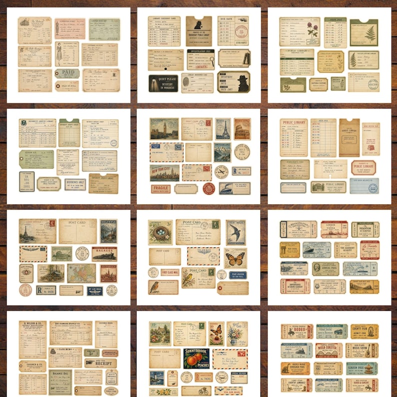 以下が含まれることがあります： 木製の表面に配置された、領収書、ポストカード、チケットなどのヴィンテージの逸品のコレクション。 古くなった紙の質感、切手、イラストが特徴で、ベージュ、茶色、色あせた緑色のカラーパレットです。