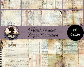 French Paper, Digital Scrapbook, Vintage Ephemera, Journal Paper, Printable Paper, Text Paper, Digital Download, 50 pages