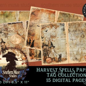 Papel de hechizos de cosecha, kit digital de Halloween, colección de etiquetas de brujas, páginas imprimibles para álbumes de recortes, tarjetas para diario, brujería de otoño