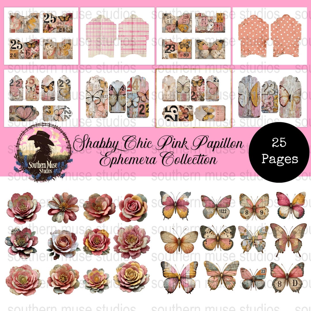 Pink Butterfly Ephemera, Shabby Chic Digital Collection, Junk Journal ...