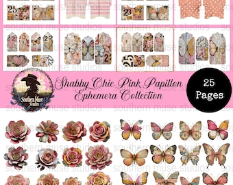 Rosa Schmetterling Ephemera, Shabby Chic Digitale Sammlung, Junk Journal Zubehör, 25 druckbare Seiten, Tags, Taschen, Umschläge, Pingeliger Schnitt