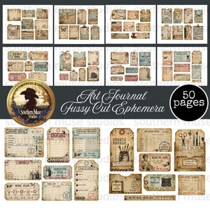 May include: A collection of vintage-style ephemera for art journaling, featuring 50 pages of printed tags, labels, and cards with aged paper textures, ink splatters, and illustrations of art supplies, typewriters, and text like Create Freely.