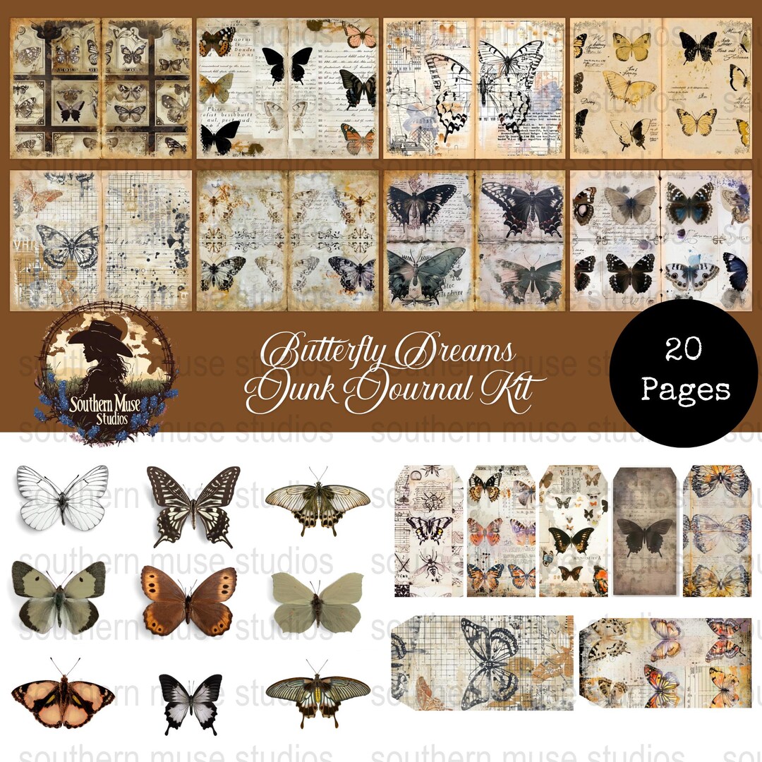 Butterfly Digital Junk Journal Kit, Vintage Ephemera, Scrapbook ...