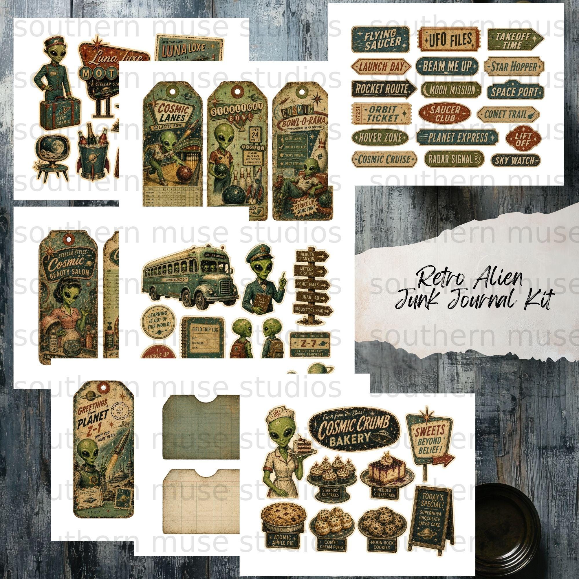 Retro Alien Junk Journal Kit, Vintage Space Ephemera Digital Printables ...