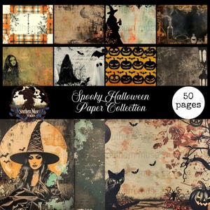Papel digital de Halloween espeluznante, imprimible para álbum de recortes, patrones de calabazas, brujas y fantasmas, fondos artísticos, 50 descargas en PDF