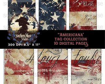 Americana Digital Tags, Printable US Flag Tags, Junk Journal Supplies, Patriotic Scrapbook, 4th of July, Instant Download, Crafting