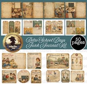 50 Retro School Days Junk Journal Digital Kit, Vintage Ephemera PDF, Printable Papers, Tags, Pockets & Word Labels, academia, grungy, retro